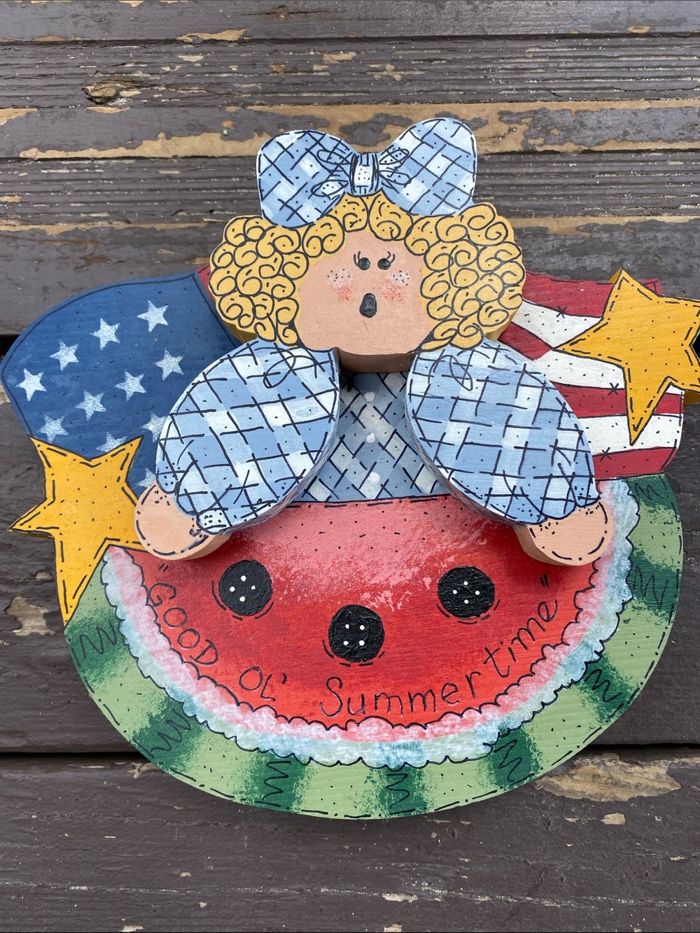 Patriotic Watermelon Summer Girl Cookie Jar Lid hand Painted - Red, Blue, Yellow